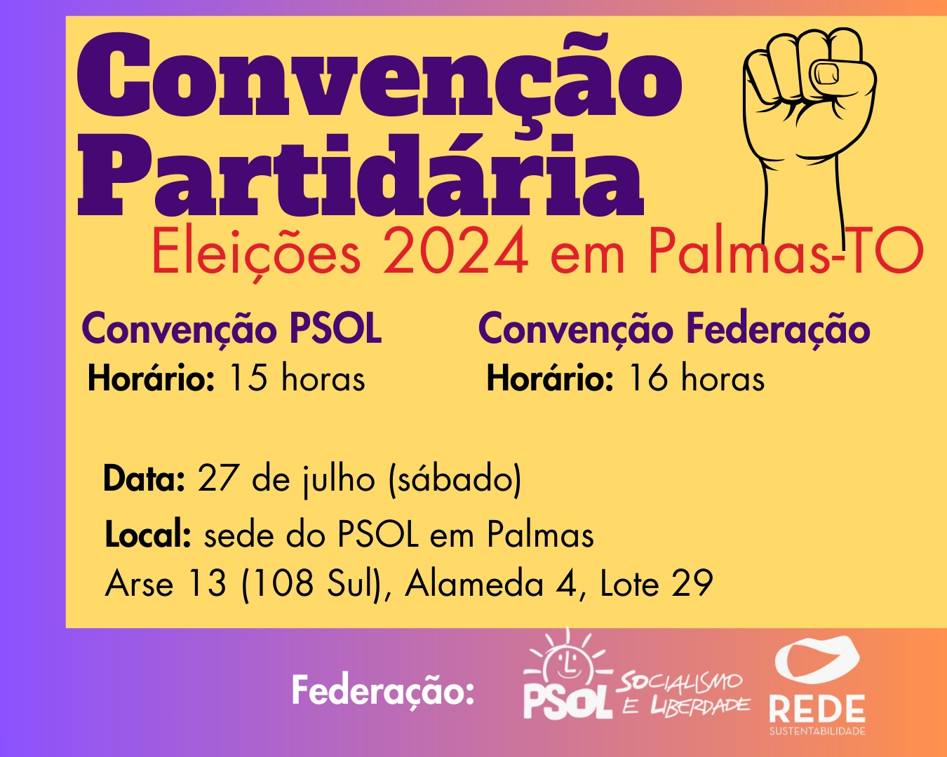 Federação PSOL-REDE de Palmas realiza sua convenção partidária neste sábado, 27